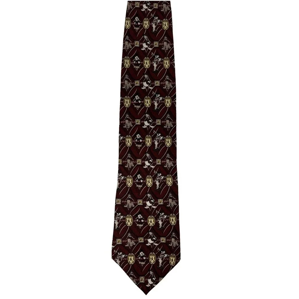 Walt Disney World Silk Maroon Tie Mickey Mouse Goofy Pluto Donald Duck 57.5